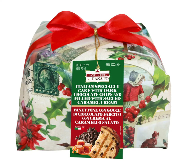 Panettone pyragas su tamsaus šokolado gabaliukais ir sūdytos karamelės įdaru, 1 kg