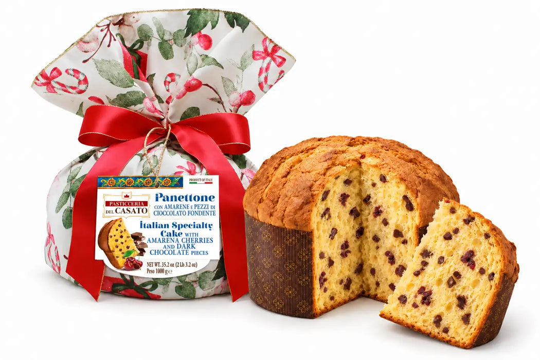 Panettone pyragas su tamsaus šokolado gabaliukais ir amarena vyšniomis, prabangioje dovanų pakuotėje, 1 kg